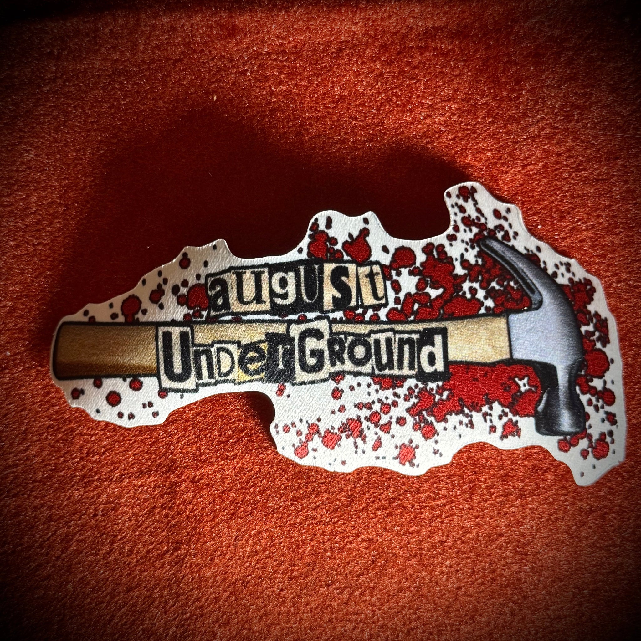 August Underground full color printed die-cut hammer patch front view