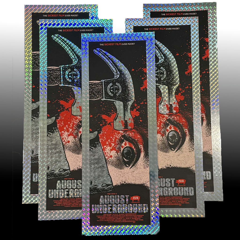 Four overlapping movie posters for the film 'August Underground' featuring a stylized illustration of a hammer and blood splatters, with holographic silver borders on a dark background.