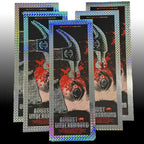 Four overlapping movie posters for the film 'August Underground' featuring a stylized illustration of a hammer and blood splatters, with holographic silver borders on a dark background.