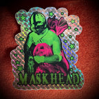 BURNING WINDMILL MASKHEAD and Clown Girl large prismatic glossy sticker with neon green and pink horror graphics
