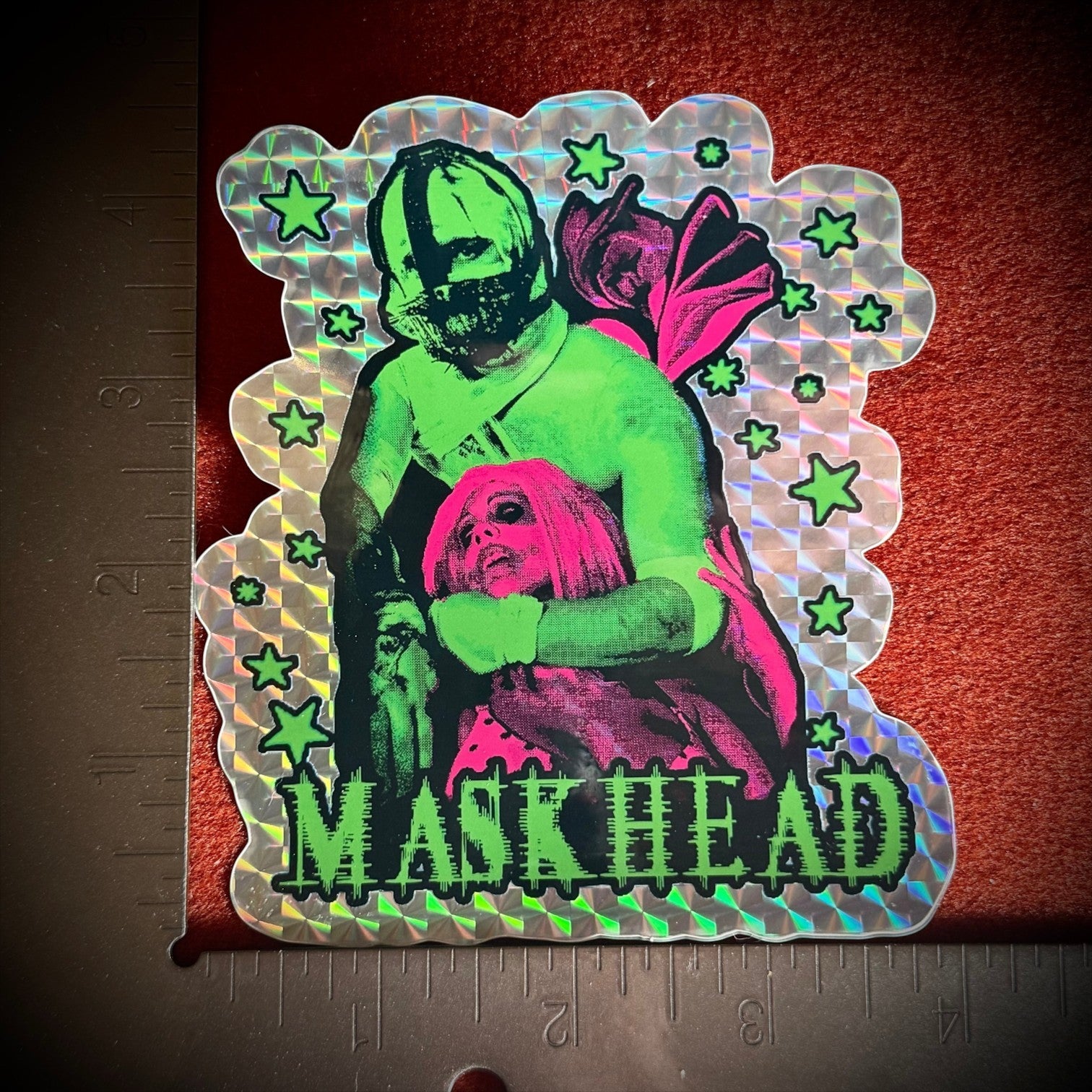 BURNING WINDMILL MASKHEAD and Clown Girl large prismatic glossy sticker with neon green and pink horror art